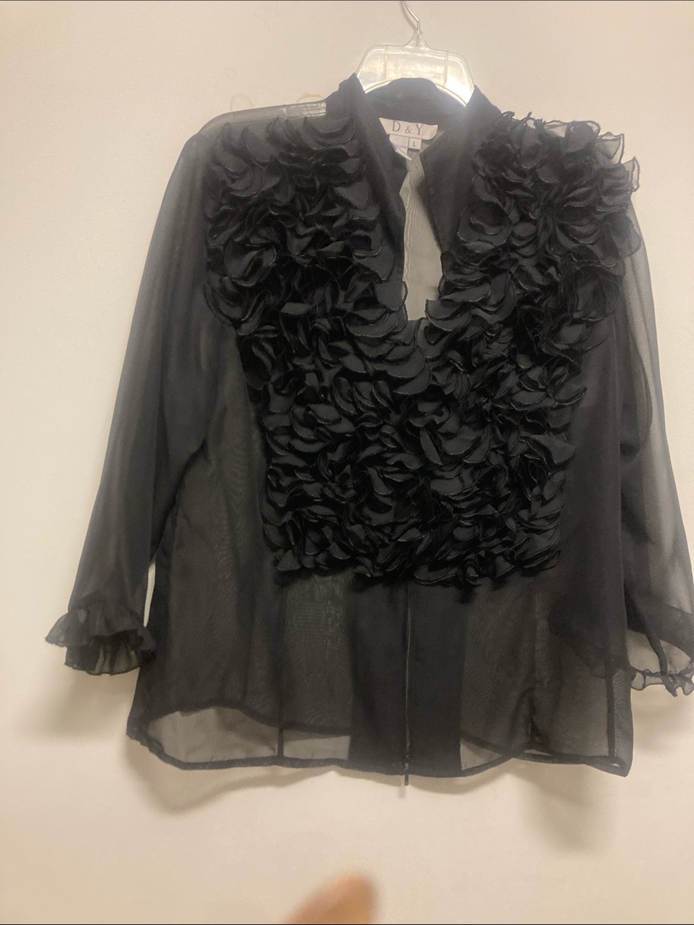 D&Y Black Sheer Blouse with Floral Appliqué Front